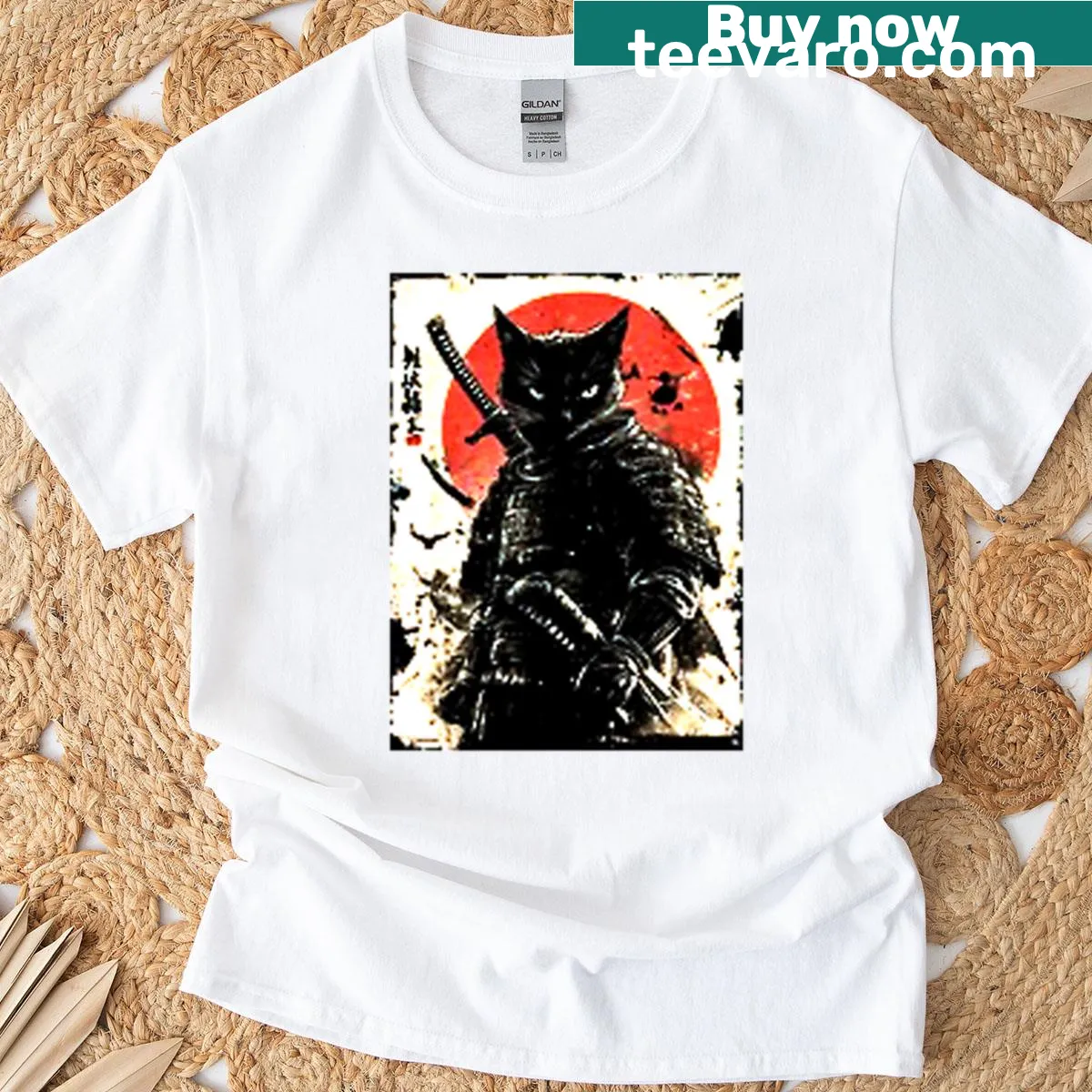 Illustration of a cute black cat on a T-shirt — on a men's t-shirt