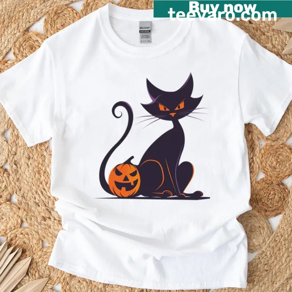Minimalist Halloween t-shirt with black cat and pumpkin illustration