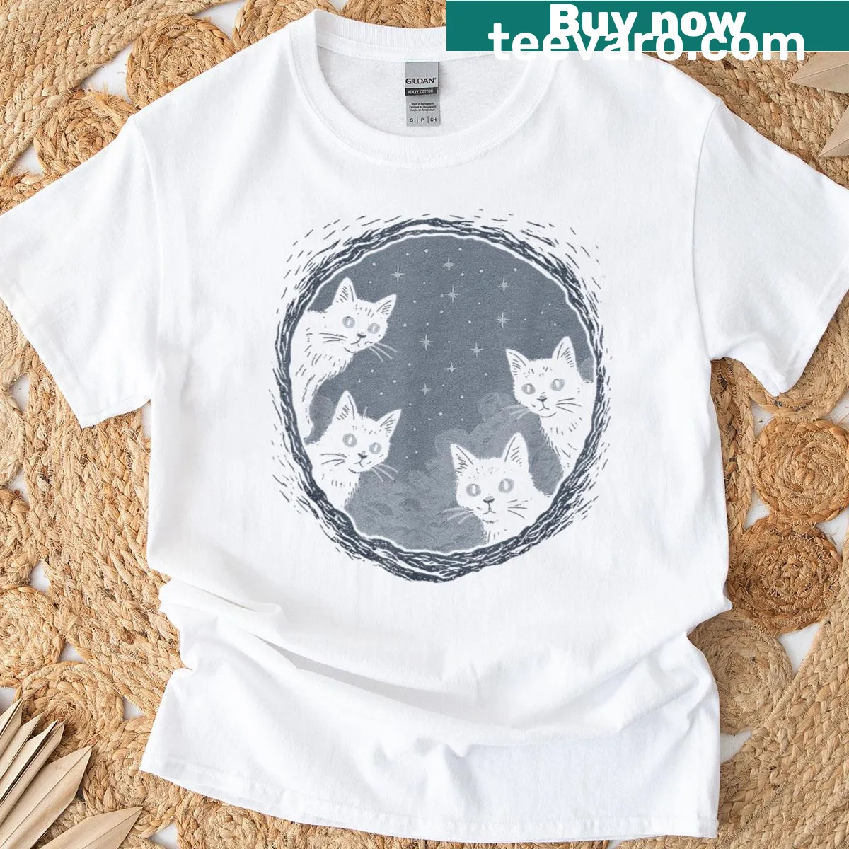 Cartoon graphic t-shirt featuring a cute black cat — on a men's t-shirt
