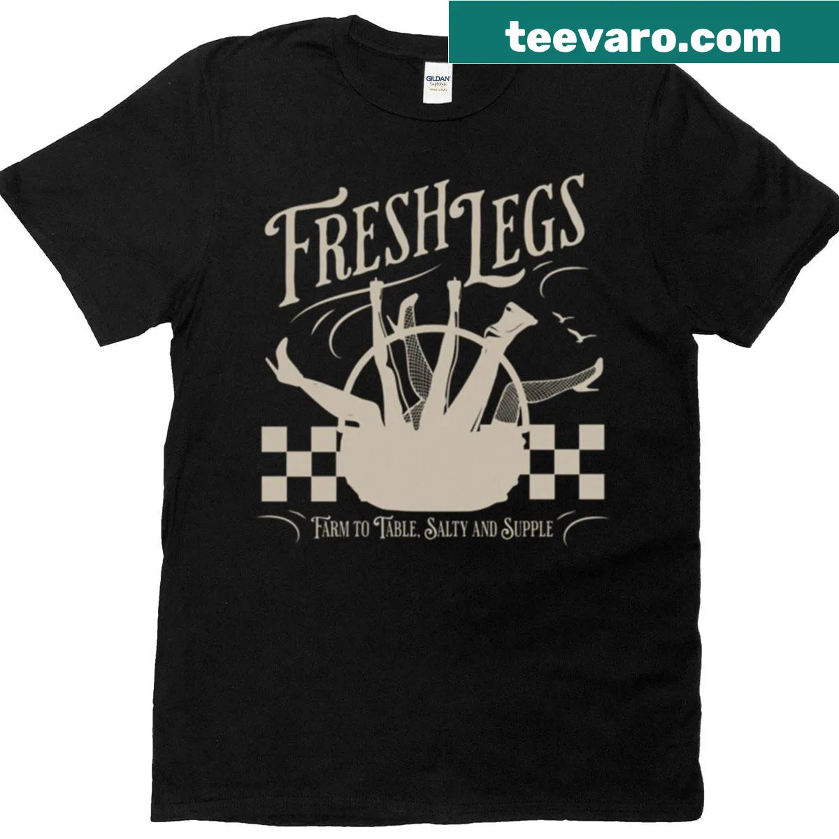 Funny dark humor graphic on Fresh Legs Farmers Market t-shirt — on a men's t-shirt