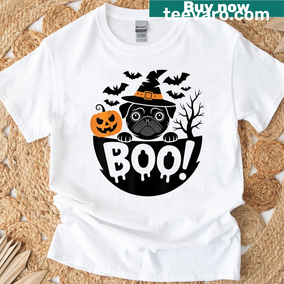 Cute black pug with witch hat and spooky elements on a t-shirt — on a men's t-shirt
