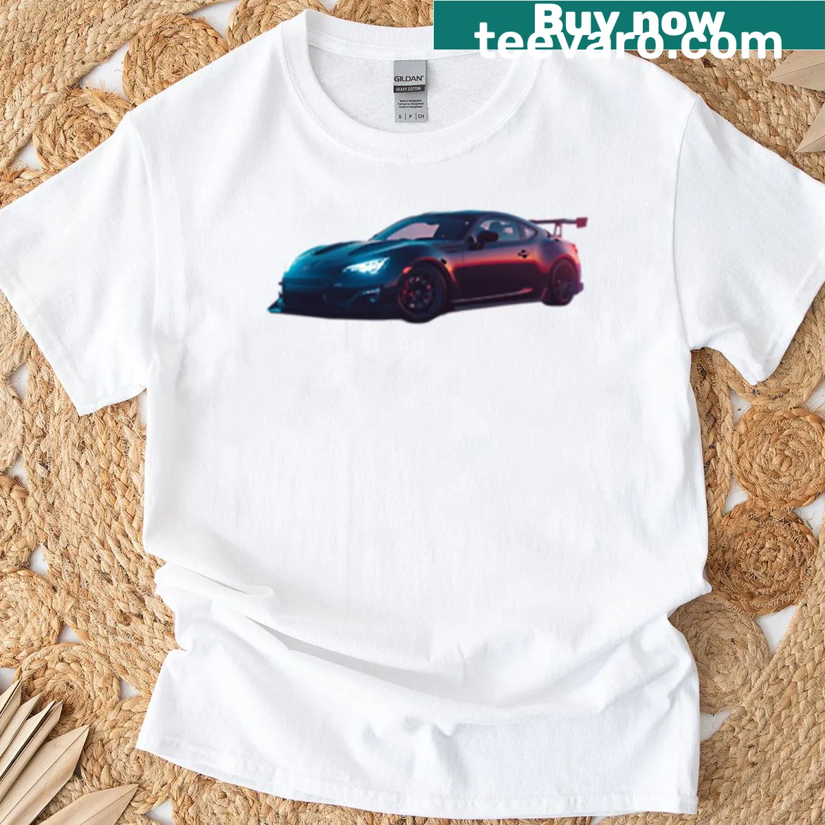 Illustration of a sports car with neon lights on a black t-shirt — on a men's t-shirt