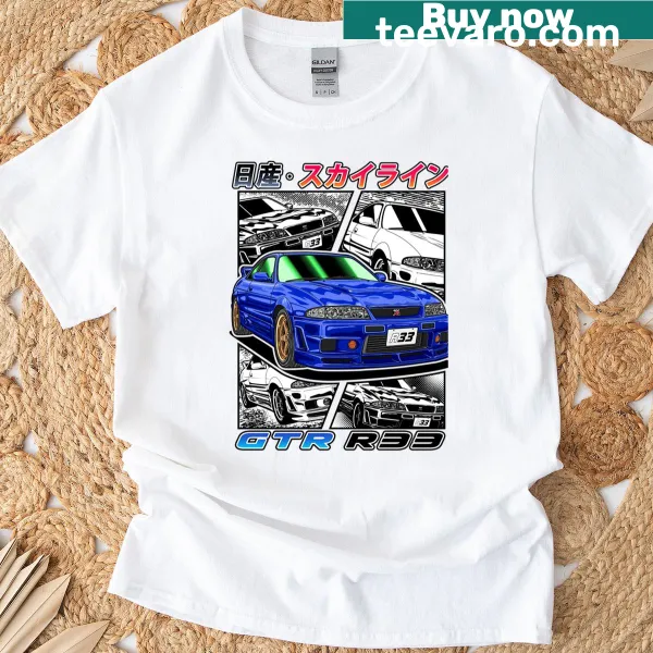 Retro manga style blue R33 GT-R car illustration on T-shirt