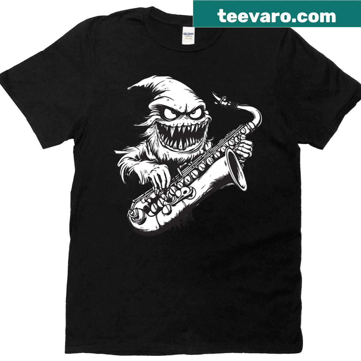 Vintage-style T-shirt featuring a saxophonist in a spooky, jazz theme — on a men's t-shirt