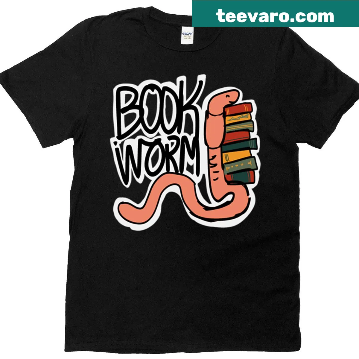 Book Worm T-shirt with whimsical lettering celebrating reading. — on a men's t-shirt