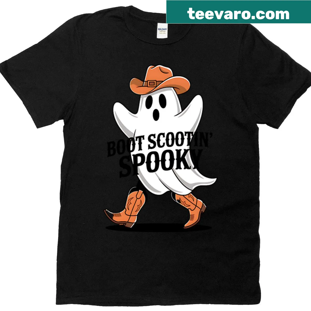 Ghost in cowboy hat and boots on Halloween T-shirt — on a men's t-shirt