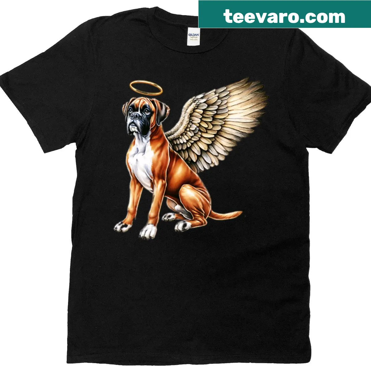 T-shirt with an illustration of a boxer dog with angel wings — on a men's t-shirt