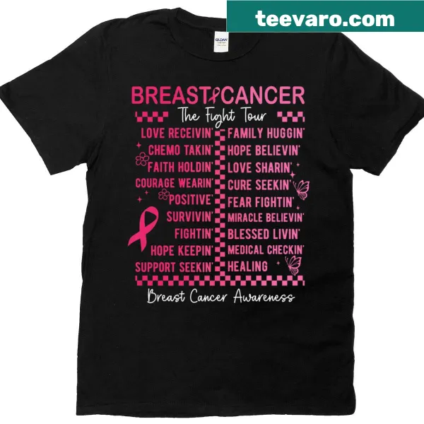 Breast cancer awareness T-shirt with 'Fight Tour Survivor' and pink ribbon