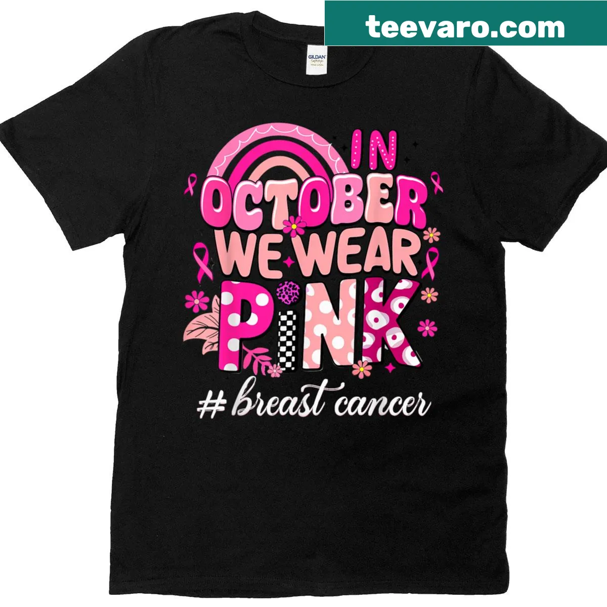 Pink t-shirt for women with 'In October We Wear Pink' message — on a men's t-shirt