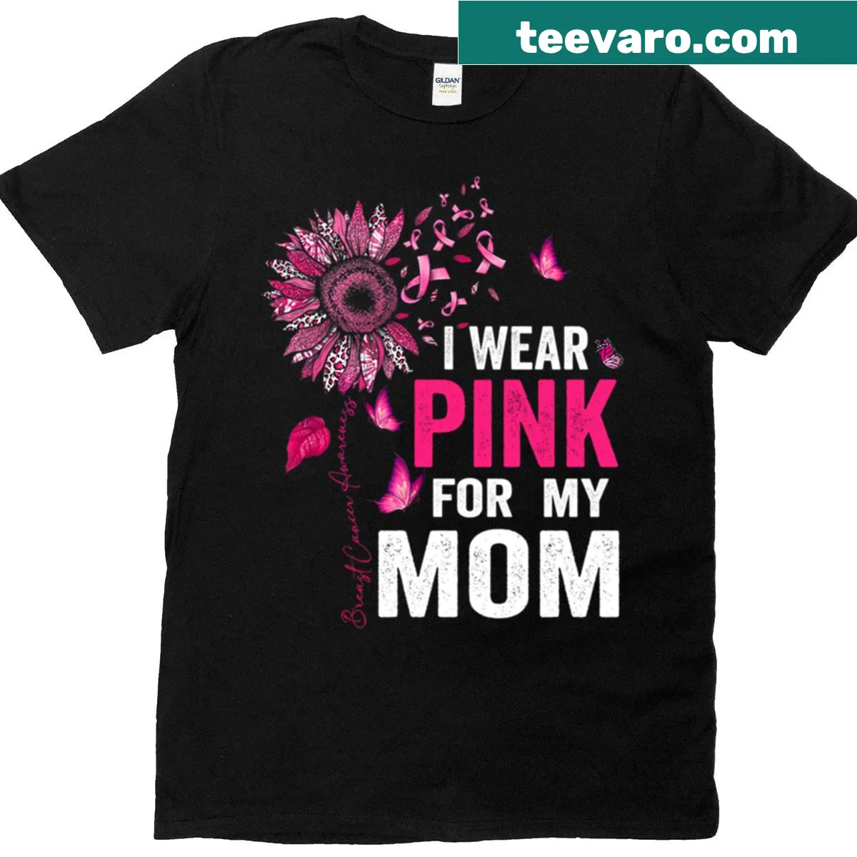 Sunflower design with a pink ribbon for breast cancer awareness. — on a men's t-shirt