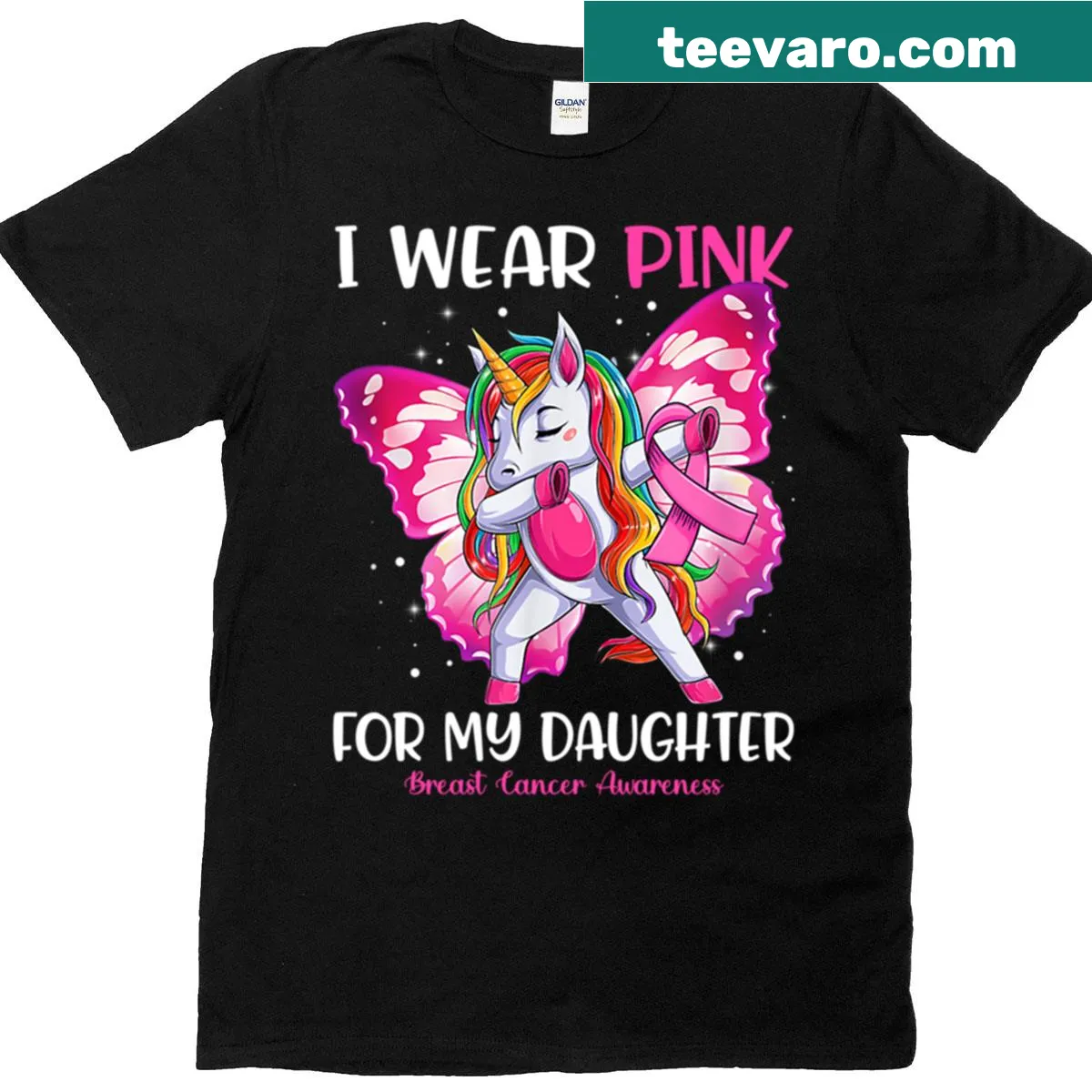 Breast Cancer Awareness shirt with unicorn design and text — on a men's t-shirt