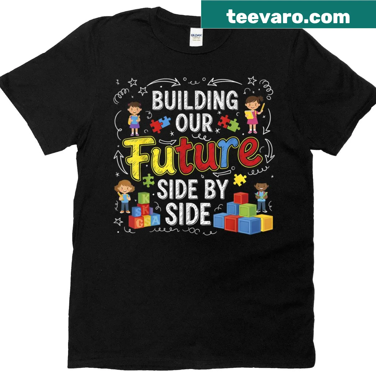 Inspirational teacher shirt with 'Building Our Future' text — on a men's t-shirt