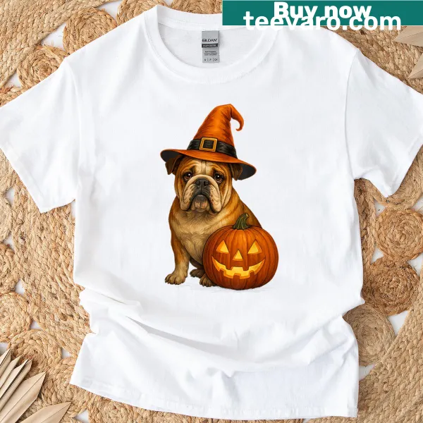 Cute T-shirt featuring a bulldog dressed as a witch with pumpkins