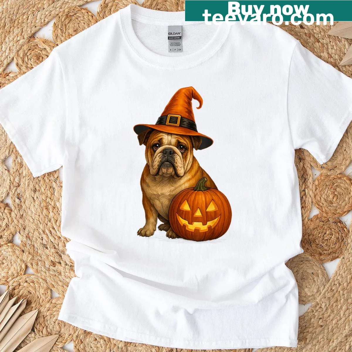 Cute T-shirt featuring a bulldog dressed as a witch with pumpkins — on a men's t-shirt