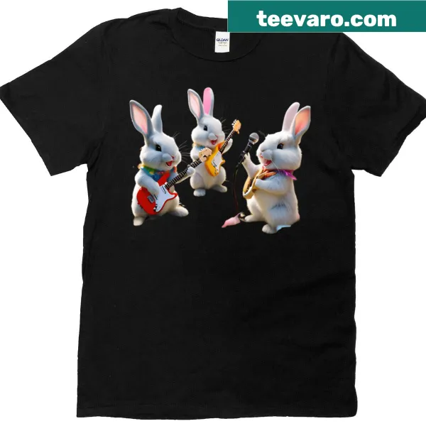 Cute T-shirt with cartoon rabbits in a rock band setting