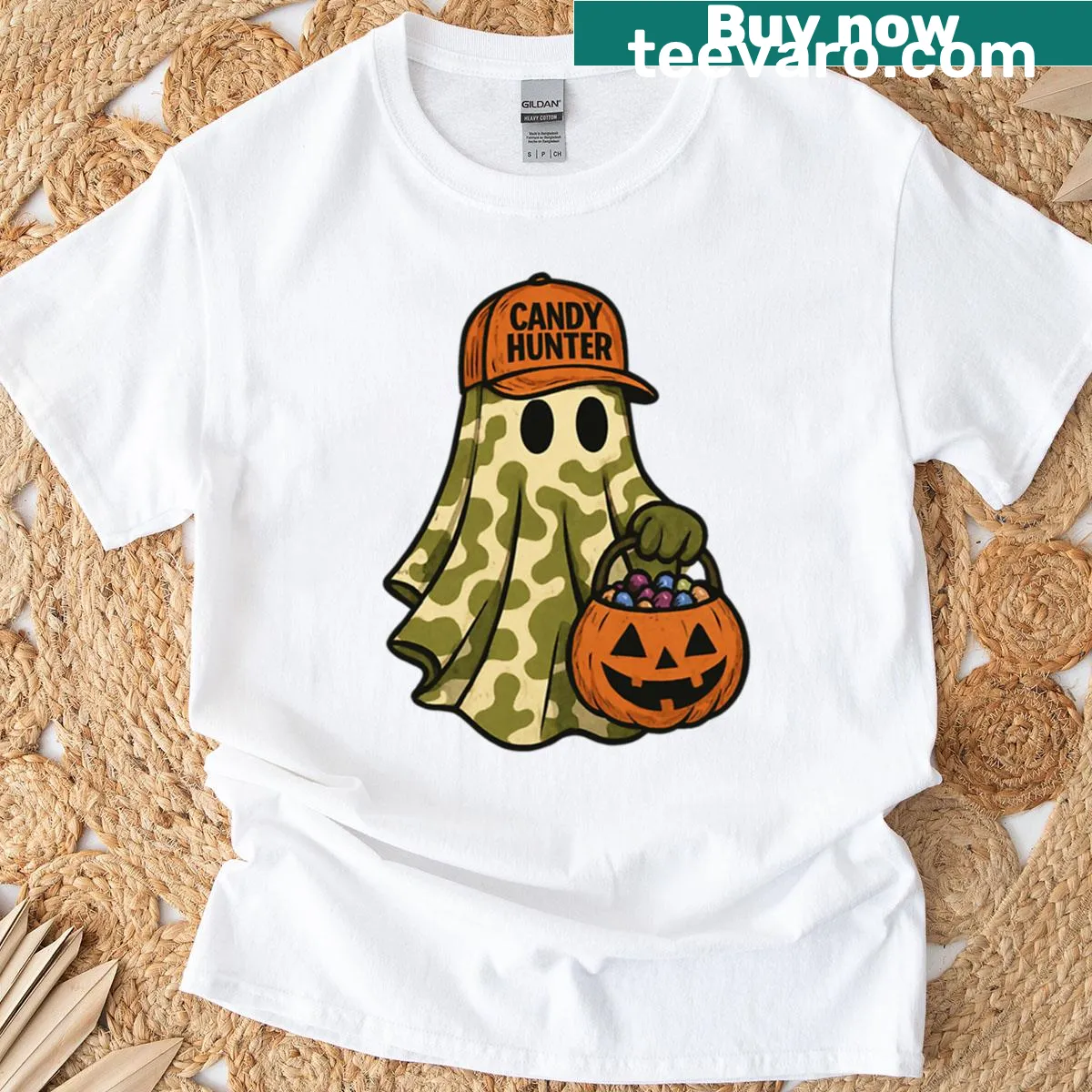 Camo pattern T-shirt featuring cute ghost graphics for Halloween. — on a men's t-shirt