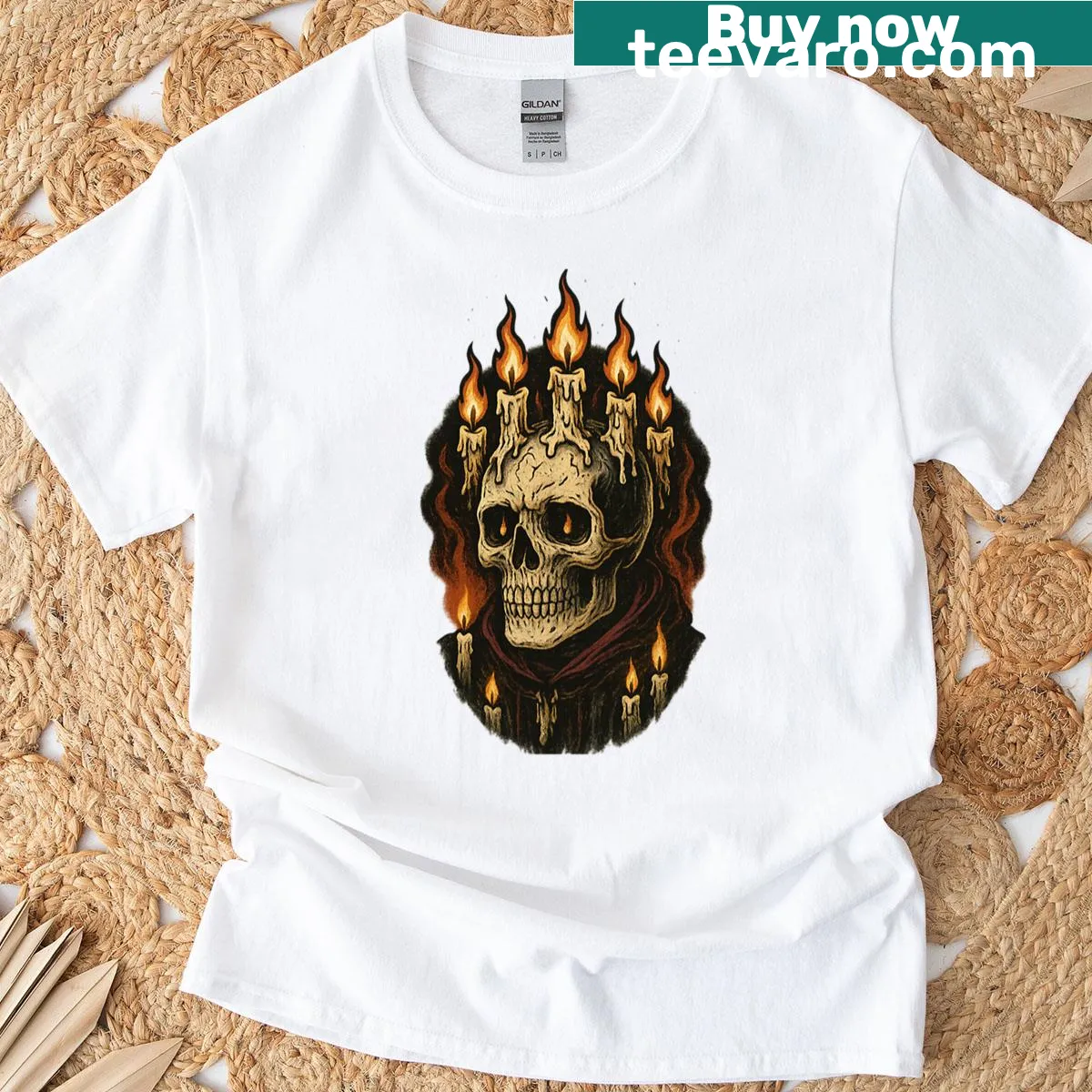 Gothic candle skull illustration on a dark-themed t-shirt — on a men's t-shirt