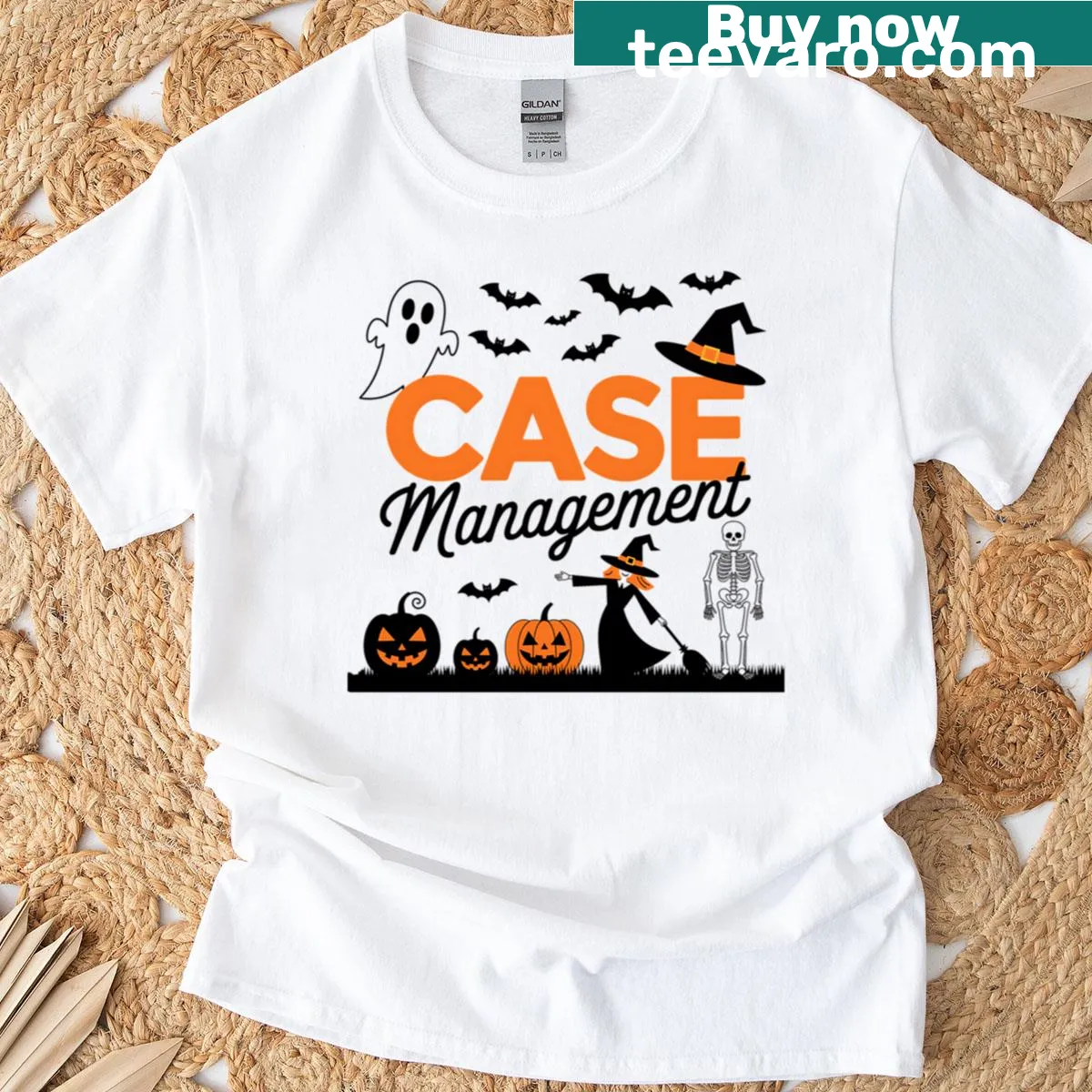 Spooky Halloween shirt with ghosts, bats, and pumpkins design — on a men's t-shirt