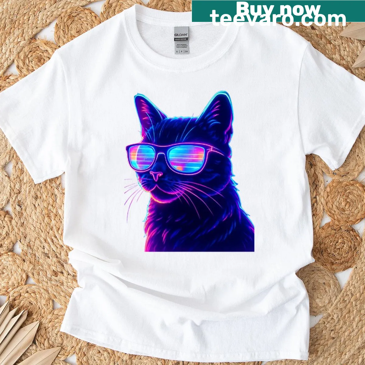 Holographic cat graphic on a fun t-shirt — on a men's t-shirt