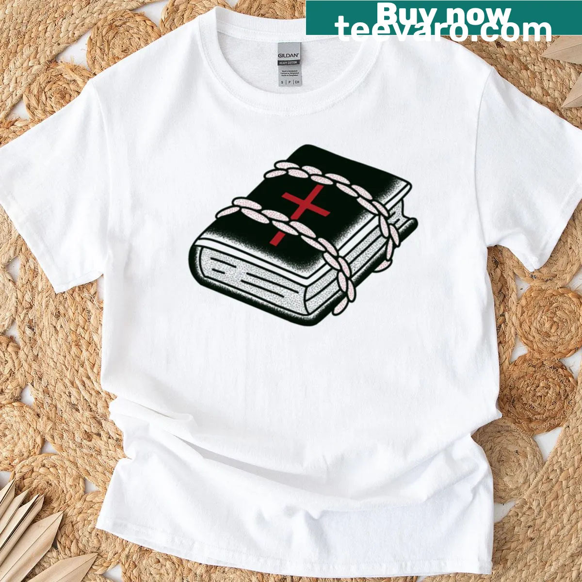 Bold graphic of a chained Bible on a T-shirt — on a men's t-shirt