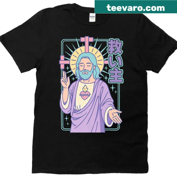 Illustrated T-shirt depicting Jesus with Sacred Heart in manga style