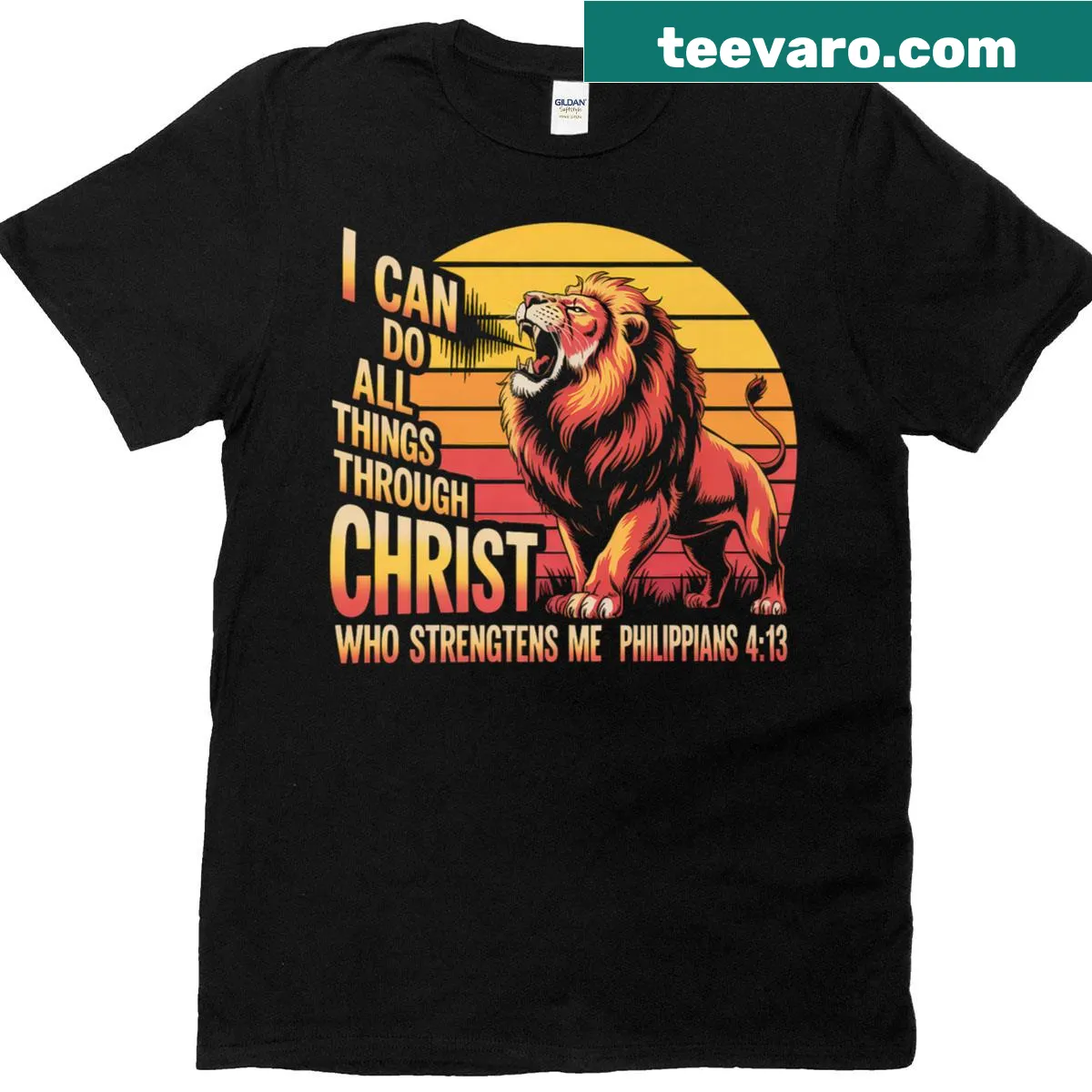 Lion graphic with Philippians 4:13 text for faith-based T-shirt — on a men's t-shirt