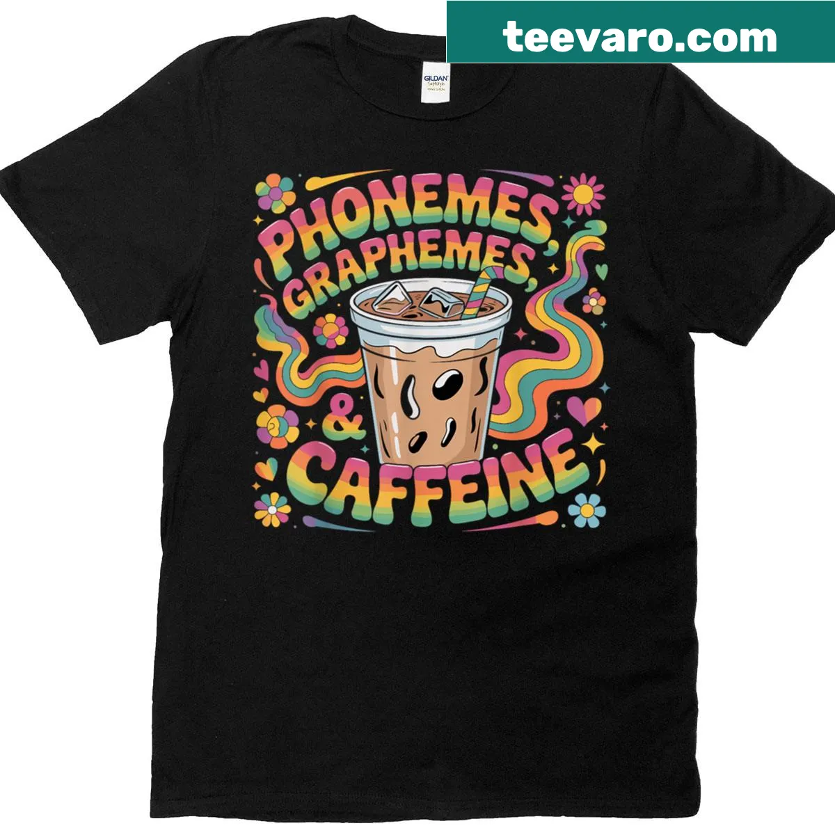 Coffee-themed teacher T-shirt with phonemes and graphemes — on a men's t-shirt