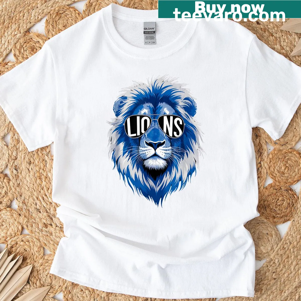 Cool lion wearing sunglasses graphic for Michigan pride T-shirt — on a men's t-shirt