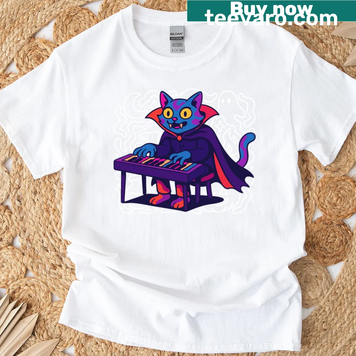T-shirt with an illustration of a cat band playing instruments — on a men's t-shirt