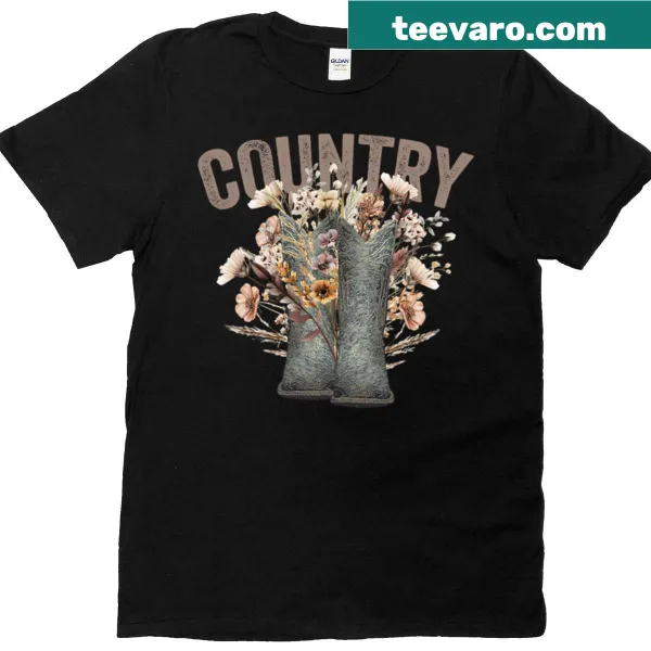 Vintage-style T-shirt with cowboy boots and floral design