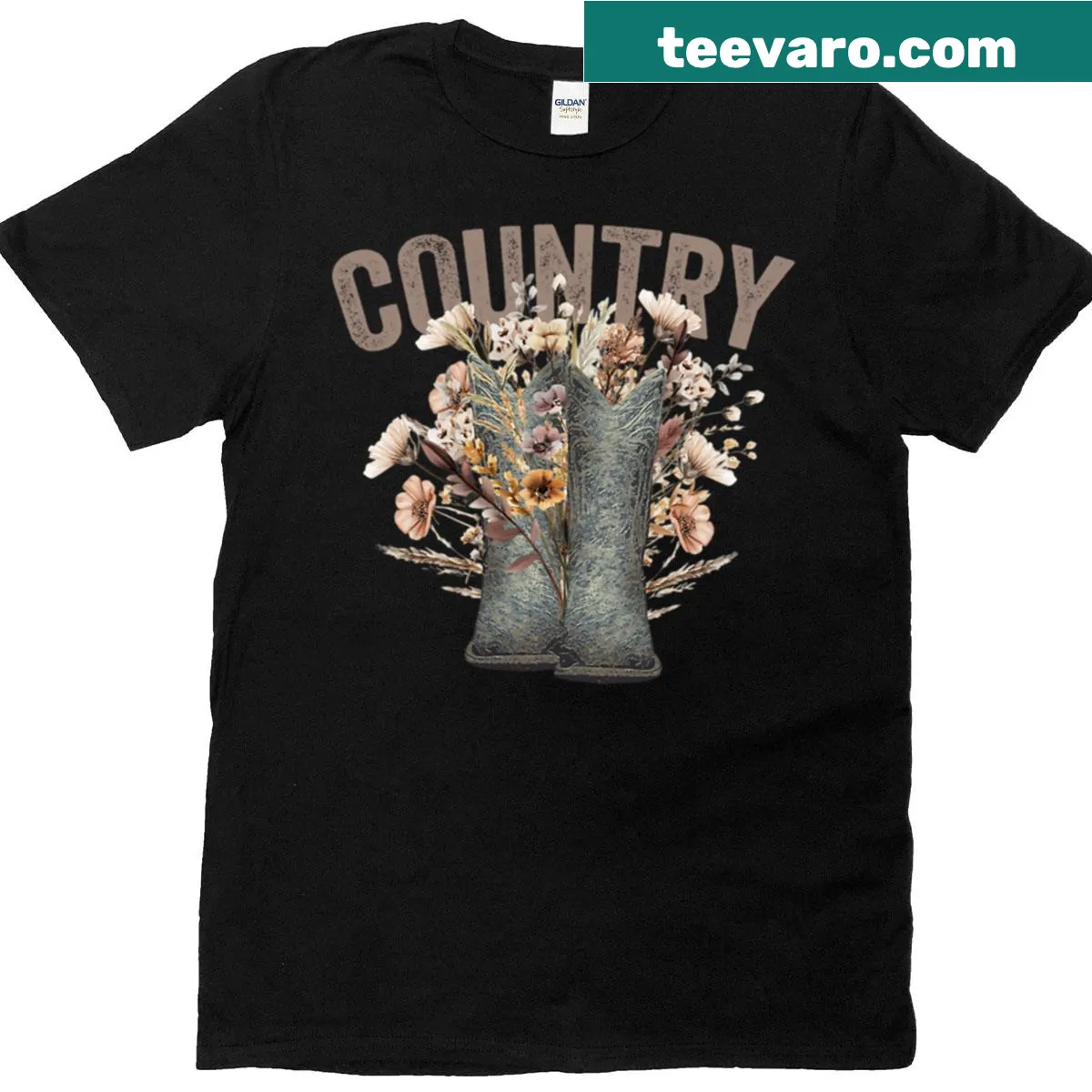 Vintage-style T-shirt with cowboy boots and floral design — on a men's t-shirt