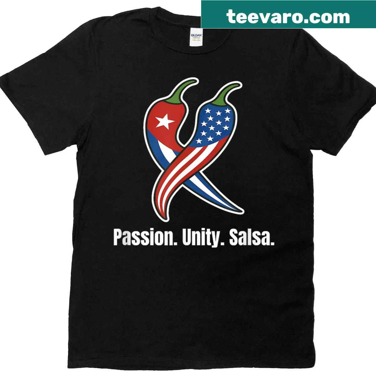 Cuban-themed T-shirt with salsa and flag design — on a men's t-shirt