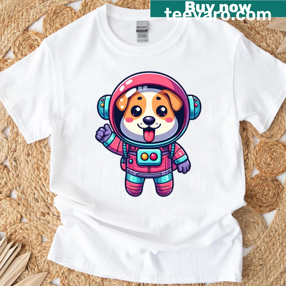Cartoon dog astronaut graphic t-shirt design — on a men's t-shirt