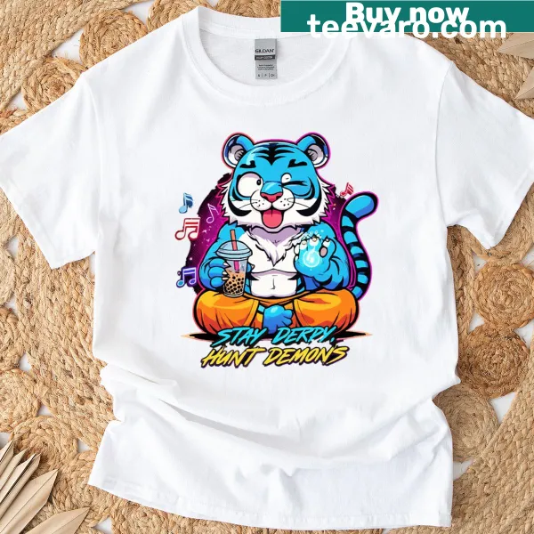 Whimsical cat enjoying coffee illustration on a t-shirt