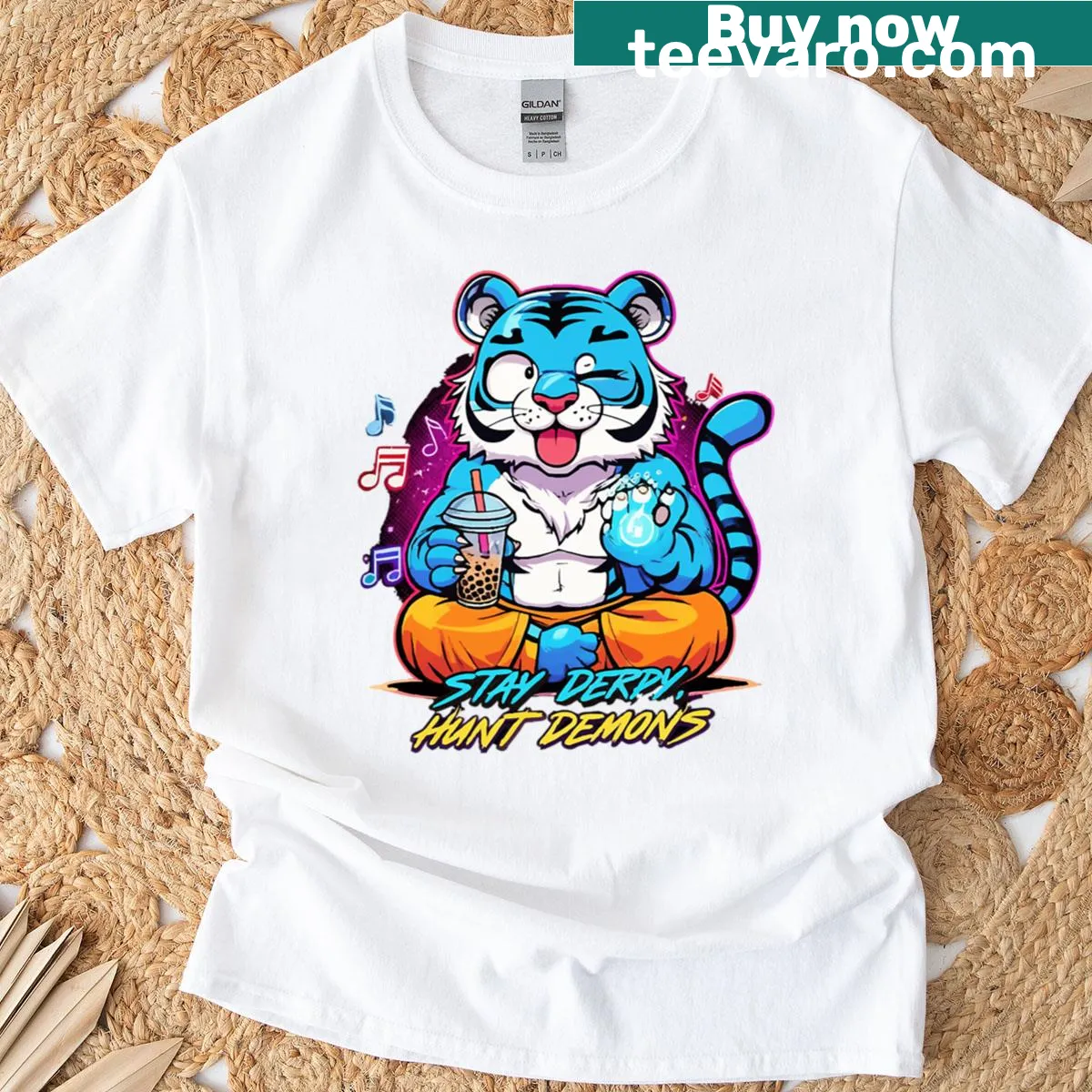 Whimsical cat enjoying coffee illustration on a t-shirt — on a men's t-shirt