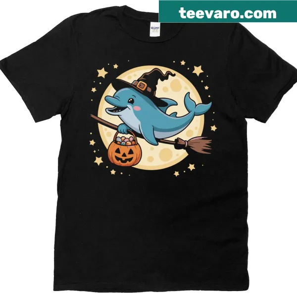 Cute T-shirt with a dolphin dressed as a witch for Halloween
