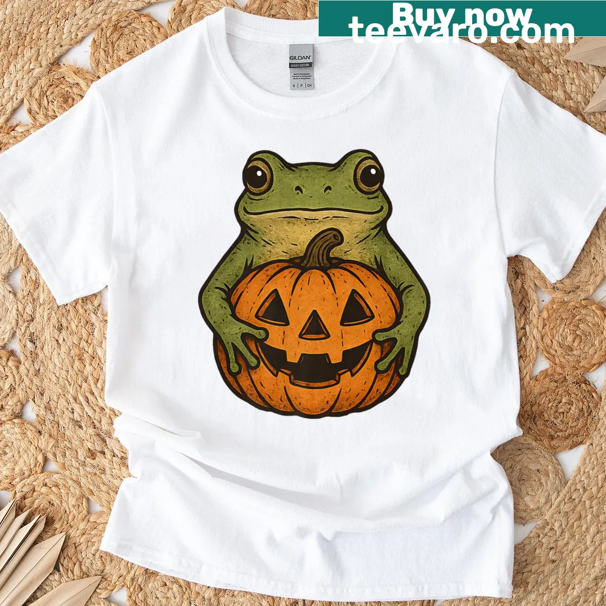 Cute frog inside a Jack O' Lantern illustration for Halloween T-shirt — on a men's t-shirt