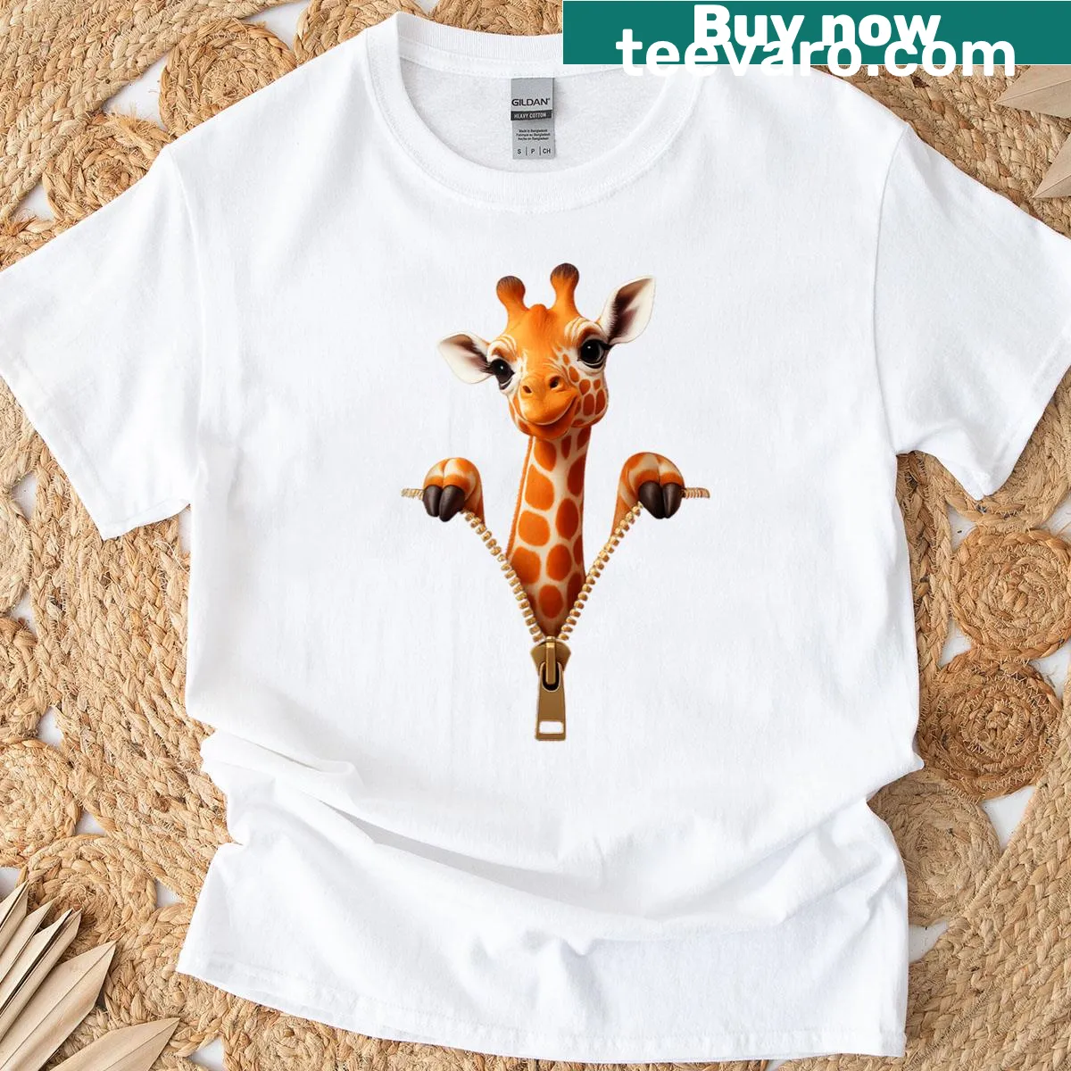 Cartoon giraffe popping out of a zipper on a T-shirt — on a men's t-shirt