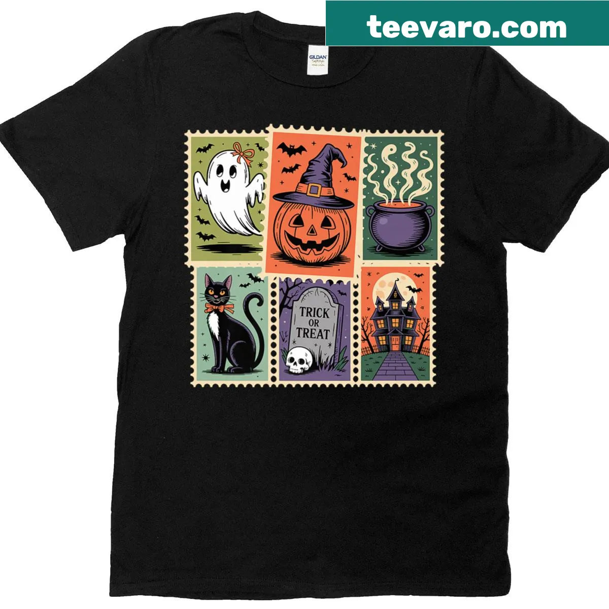 Retro postage stamp Halloween cartoon art on T-shirt — on a men's t-shirt