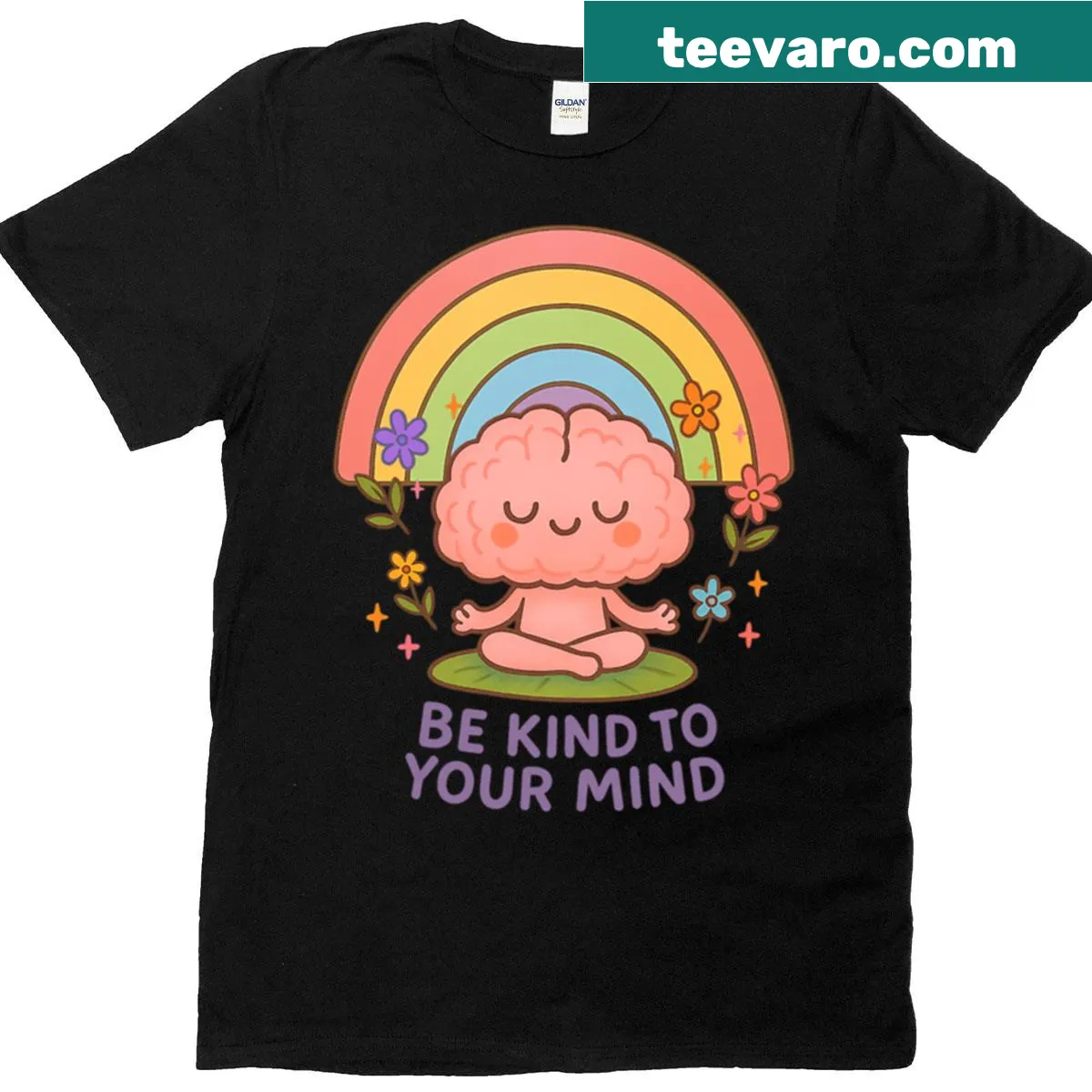 Kawaii brain graphic with text promoting kindness to your mind. — on a men's t-shirt