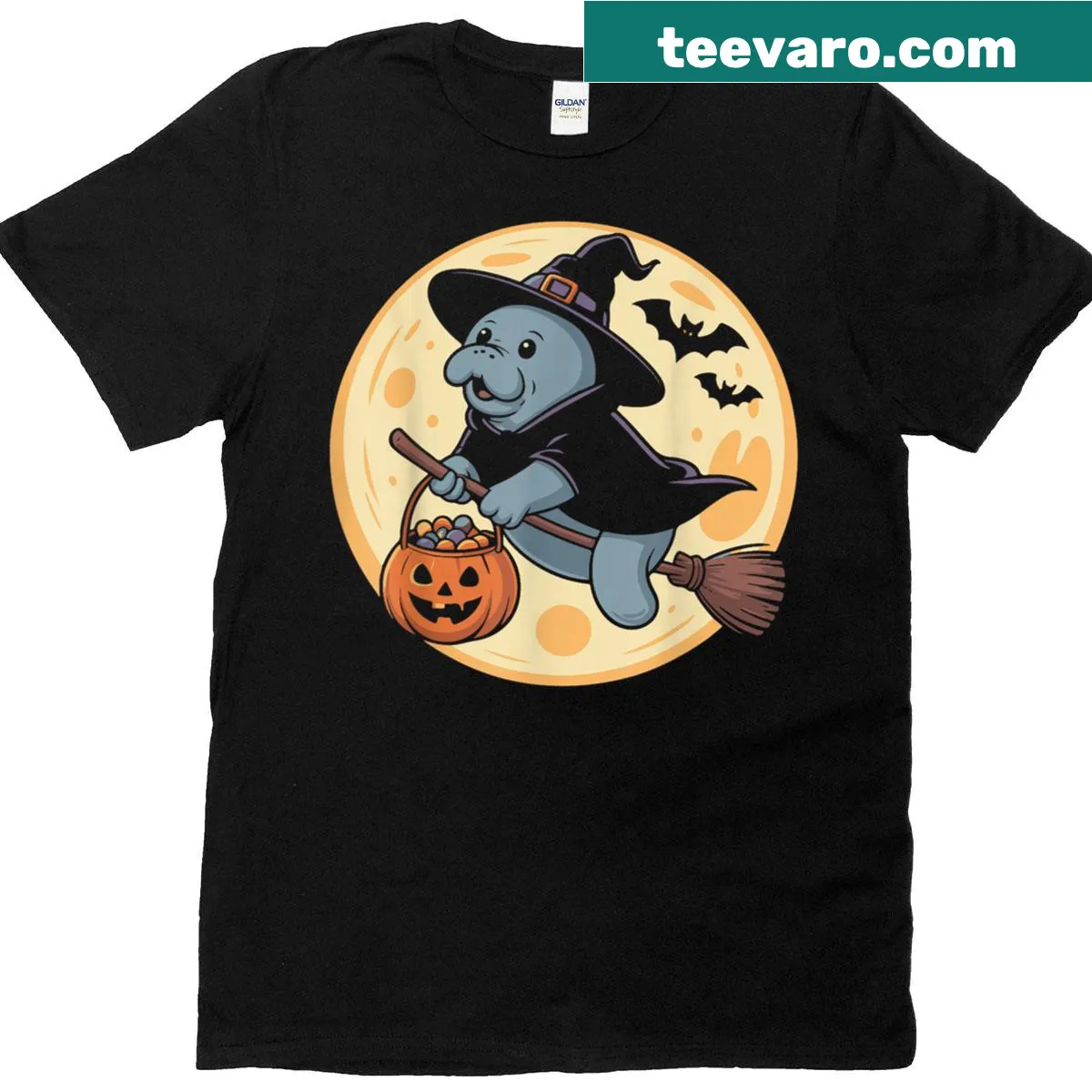 Cute Halloween T-shirt with a manatee in a witch hat and pumpkins — on a men's t-shirt