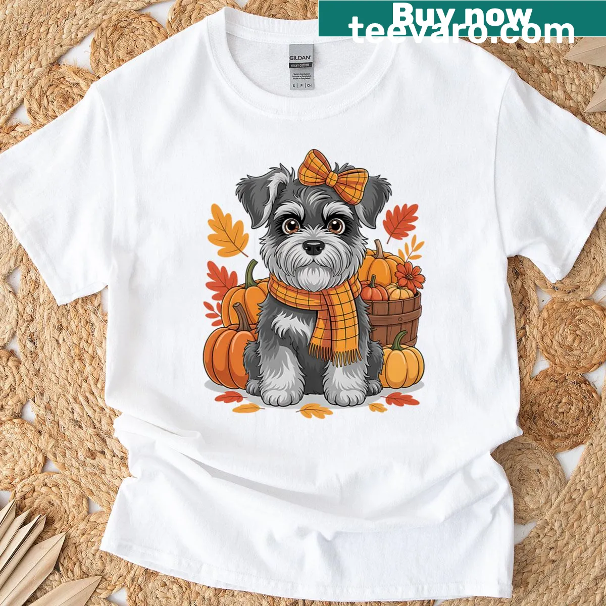Illustration of a miniature Schnauzer in a plaid scarf and bow with pumpkins on a t-shirt. — on a men's t-shirt