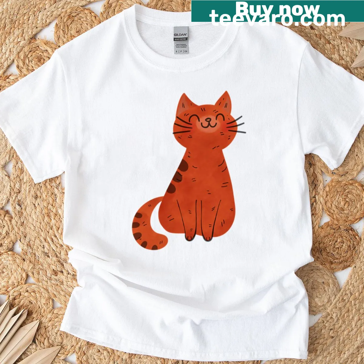 Minimalist illustration of a cute smiling orange cat on a t-shirt — on a men's t-shirt