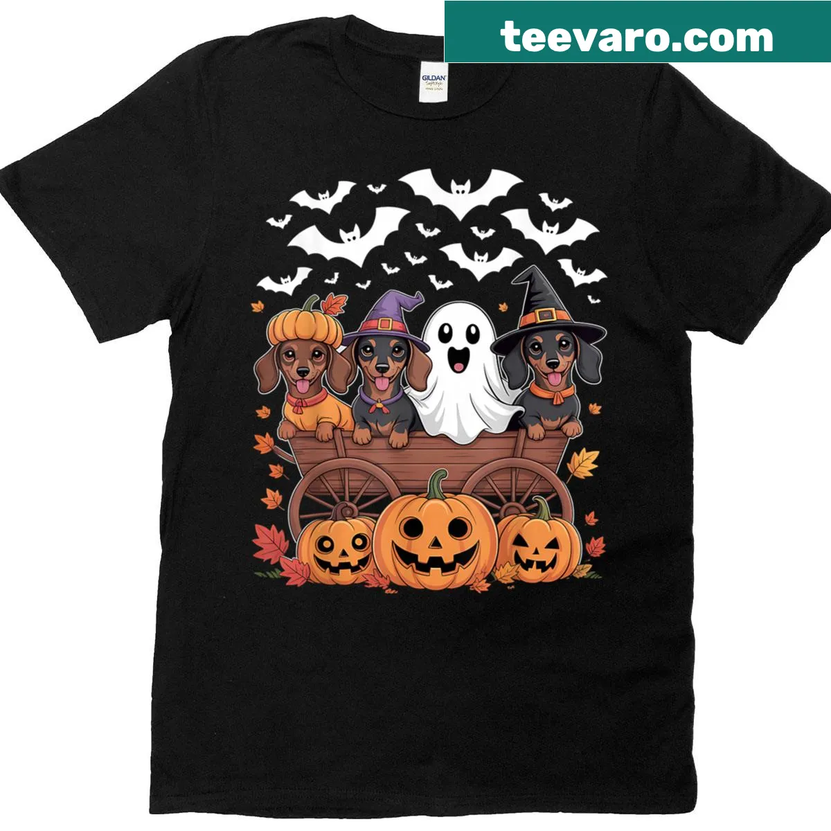 Funny dachshund Halloween shirt with cartoon dogs in costumes — on a men's t-shirt