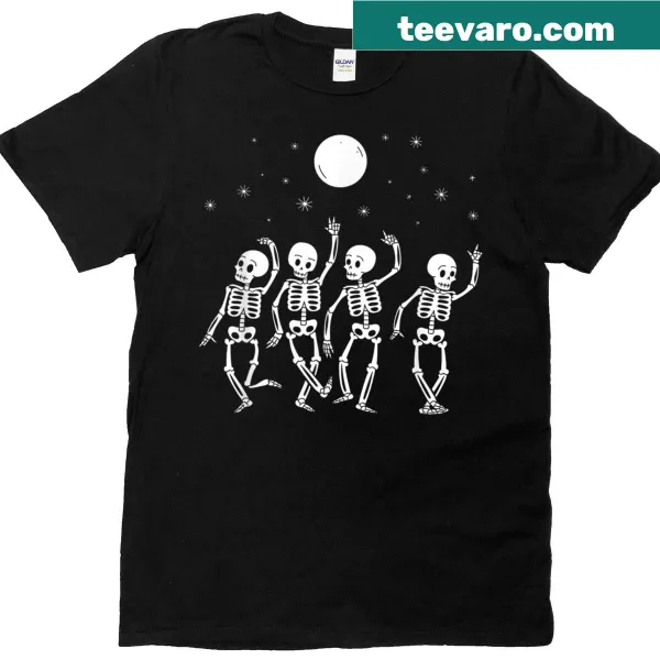 Playful t-shirt with dancing skeletons, perfect for kids on Halloween.