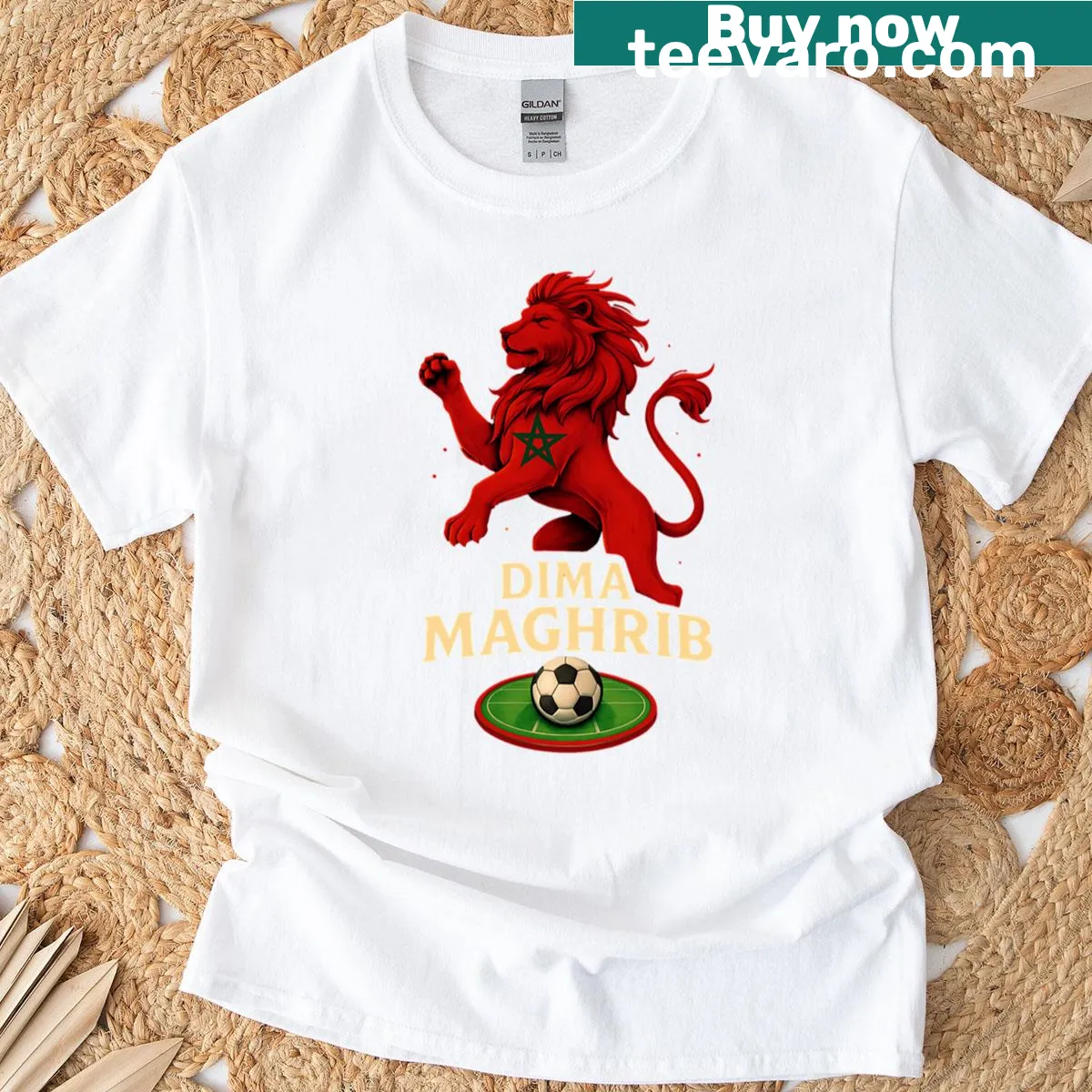 Lion graphic t-shirt representing Moroccan pride — on a men's t-shirt