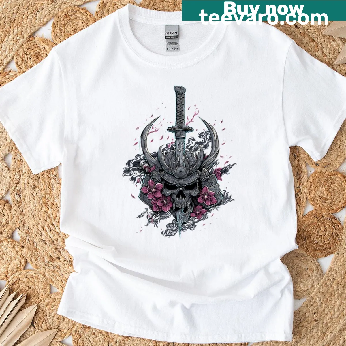 Dragon-etched samurai skull with a katana and broken helmet graphic — on a men's t-shirt