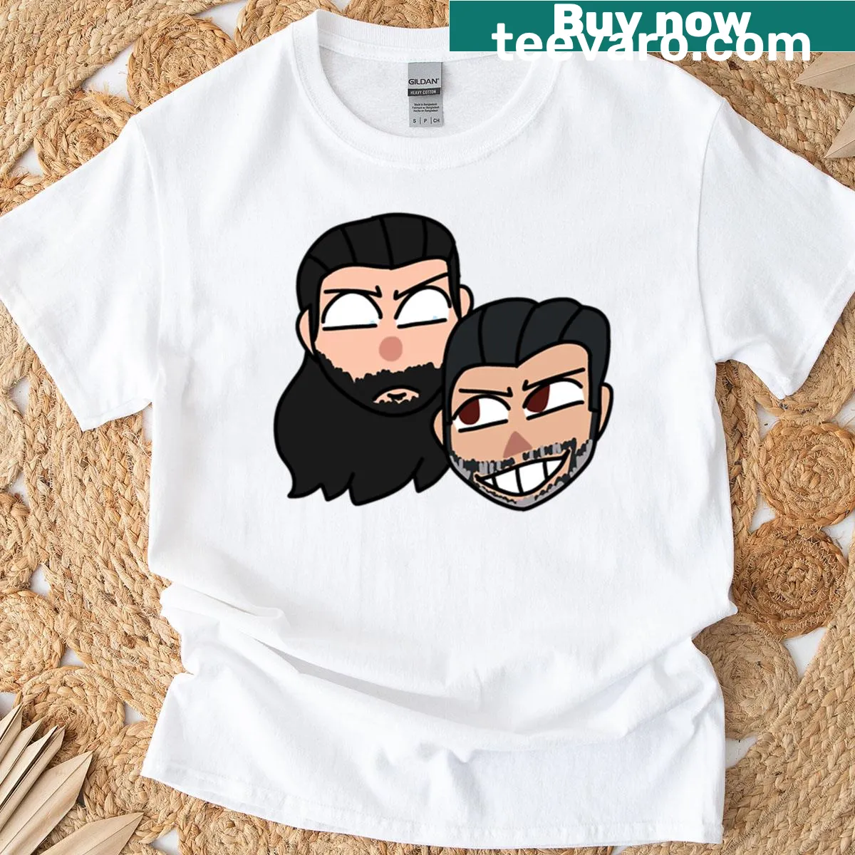 Illustrated T-shirt featuring Drew McIntyre and CM Punk's heads — on a men's t-shirt