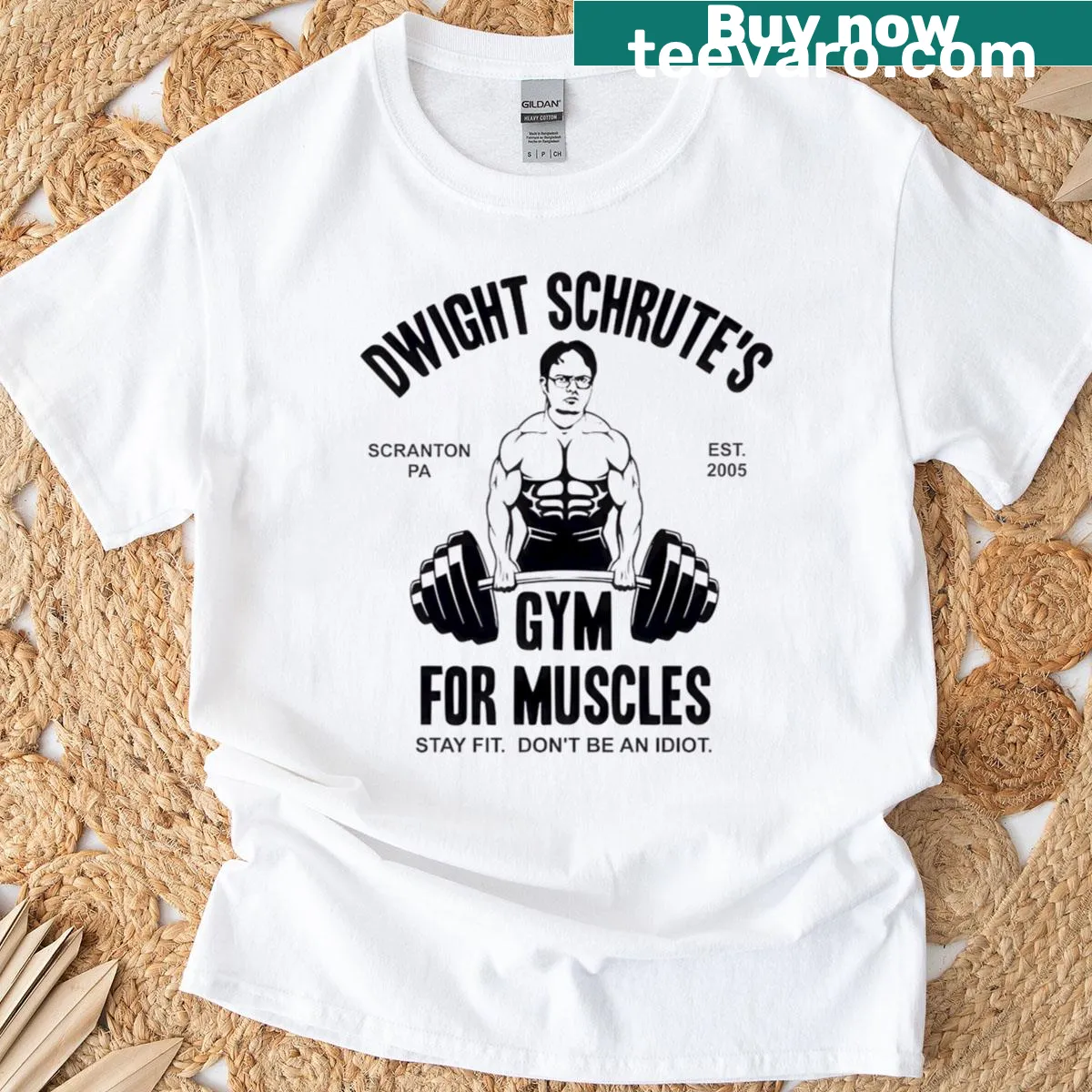 Funny gym shirt featuring Dwight Schrute humor and fitness theme — on a men's t-shirt
