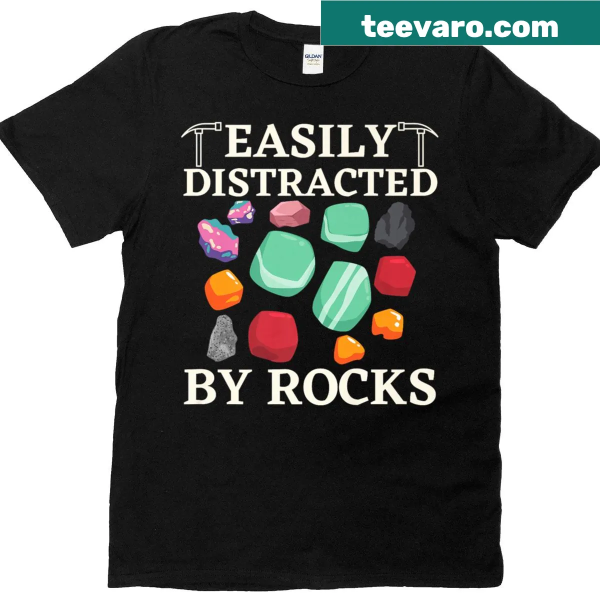 Funny geology shirt that says Easily Distracted By Rocks — on a men's t-shirt